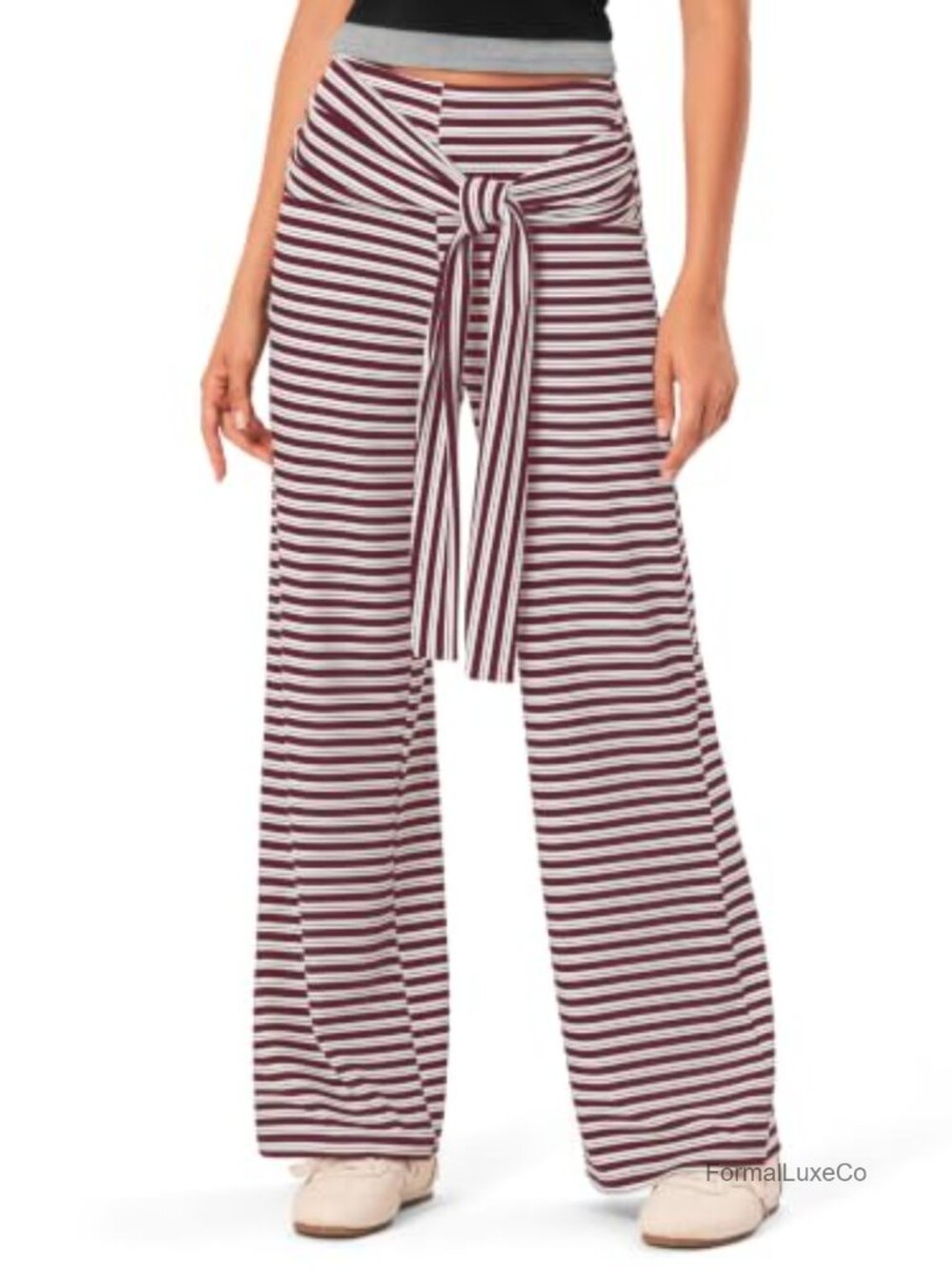 Wide Leg Striped Pants High Rise Self-Tie Waist Flowy Trousers